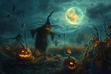 Halloween Painting With Pumpkins and Witches, Scarecrows guarding a pumpkin patch on a moonlit night, AI Generated