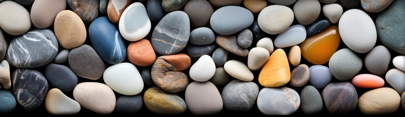 Fototapeta na wymiar Colorful pebbles background. Multicolored stones texture. Travel and vacation concept with copy space. 