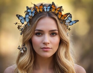 Blonde girl and butterflies in a wreath.