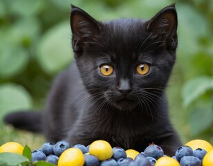 Kitten with berries and fruits.
