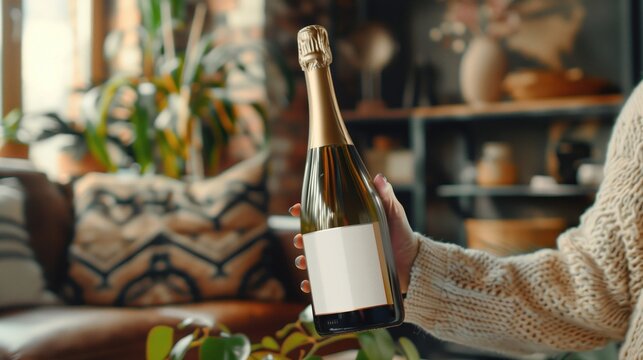 woman holding a blank white label champagne bottle in their home, boho style.
