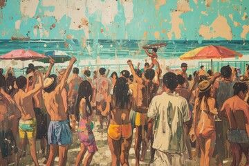 Vibrant Painting of a Crowd Enjoying a Day at the Beach, Scene of a lively beach party filled with...