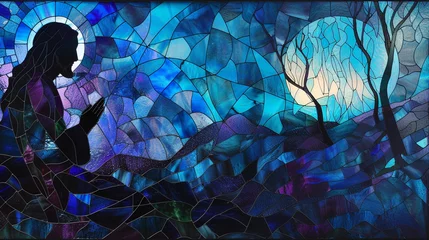 Crédence de cuisine en verre imprimé Coloré Design a stained glass window capturing the solemn moment of Jesus praying in the Garden of Gethsemane, with dark blues and purples to reflect the night and the intensity of the moment
