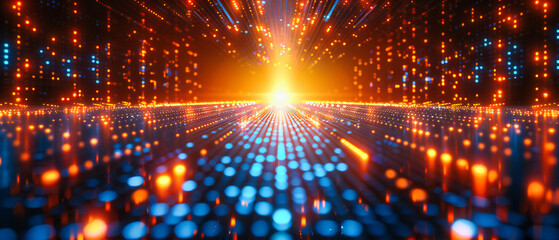 Obraz premium Futuristic Science and Technology Illustration, Blue Digital Network on Black Background, Glowing Grid Perspective