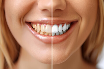 dental whitening, Before and after dental whitening close up radiant smile evolution transformation, close up of a person with a smile, white smile