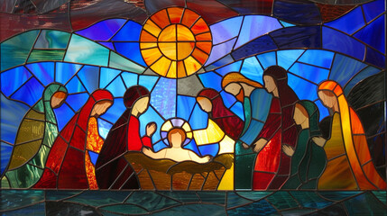 Design a stained glass window depicting the Nativity scene, with Jesus in the manger, surrounded by Mary, Joseph, and the shepherds, using warm colors to evoke a sense of divine peace