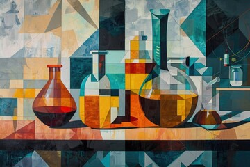 A detailed painting showcasing an assortment of glassware arranged neatly on a table, Scientific experiment in a cubism style, AI Generated