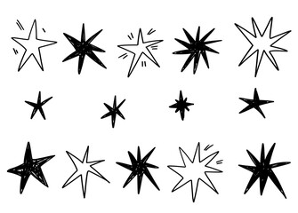 Hand drawn scribble stars doodle hand drawn sparkling monochrome comic elements collection in grunge graffiti style.