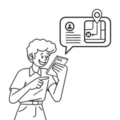 man looks at his cell phone and looks for the way. Navigation vector monochrome outline cartoon