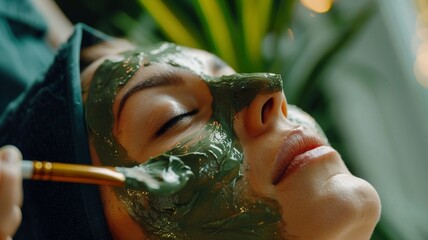 Happy beautiful young woman lying down with facial mask treatment in beauty and spa salon.