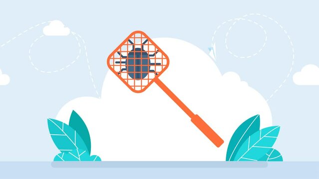Fly swatter with dead bug. Kill bugs. Removing malicious applications. Carton icon. Isolated on white background. Homemade manual equipment to get rid of insects. Flat design. 2d flat animation