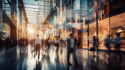 Abstract blurred photo of many people shopping inside department store or modern shopping mall