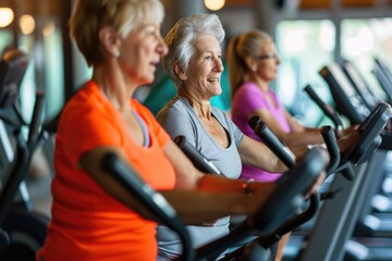 A diverse group of women engage in a rigorous workout by pedaling on exercise bikes at a gym, Senior citizens working out in a gym dedicated for older adults, AI Generated - obrazy, fototapety, plakaty