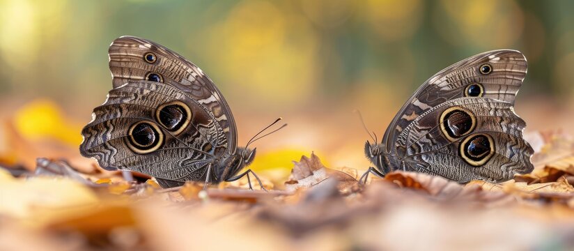 Two Hipparchia fagi butterflies, dark brown in color, are sitting delicately on top of fallen autumn leaves in a wooded area. The insects display intricate patterns on their wings as they rest