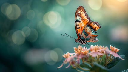 Fototapeta na wymiar Macro shots, Beautiful nature scene. Closeup beautiful butterfly sitting on the flower in a summer garden