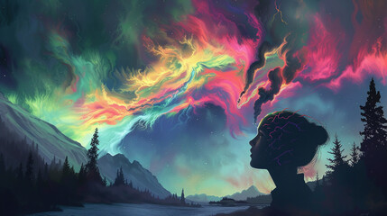 Illustrate brainwaves emanating from a thinker's head, forming an aurora of vibrant, creative energy in the sky.