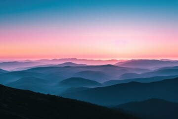 Obraz premium The sun is descending behind the mountains in the distance, casting a warm glow over the landscape, Serene sunset over a tranquil mountain range, AI Generated