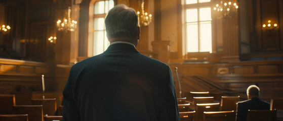 Solemn man in suit contemplates in a grand, historical courtroom.