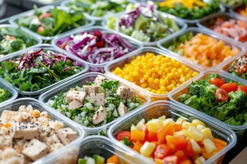 Fototapeta premium A selection of various types of salads presented in plastic containers arranged neatly on a table, Several portioned containers filled with delicious, colorful salads, AI Generated