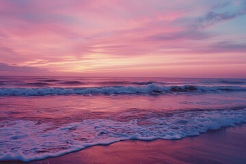 A stunning display of pink and purple hues engulfing the sky as the sun sets over the ocean, Shades of pink and purple blending in the sunset, AI Generated