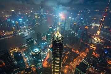 Aerial View of a Vibrant Cityscape at Night With Lit Skyscrapers and Busy Streets, Shanghai's skyline from a bird's eye view at night, AI Generated