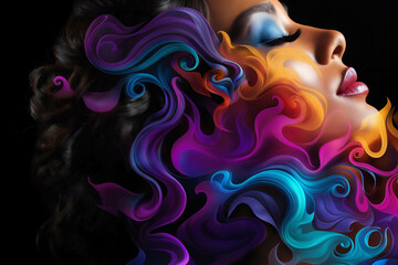 Fototapeta premium A girl's face surrounded by abstract color shapes of smoke on a dark background