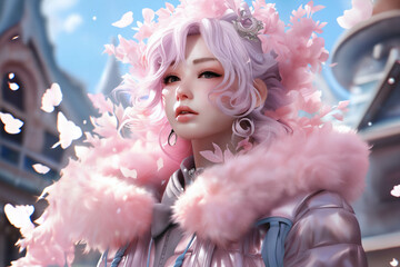 portrait of a young asian teen girl with pink hair, dressed in coat with pink fur, on city street