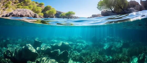 Tranquil Underwater Scene: Sunlit Sky and Calm Sea Split View, Canon RF 50mm f/1.2L USM Capture - obrazy, fototapety, plakaty