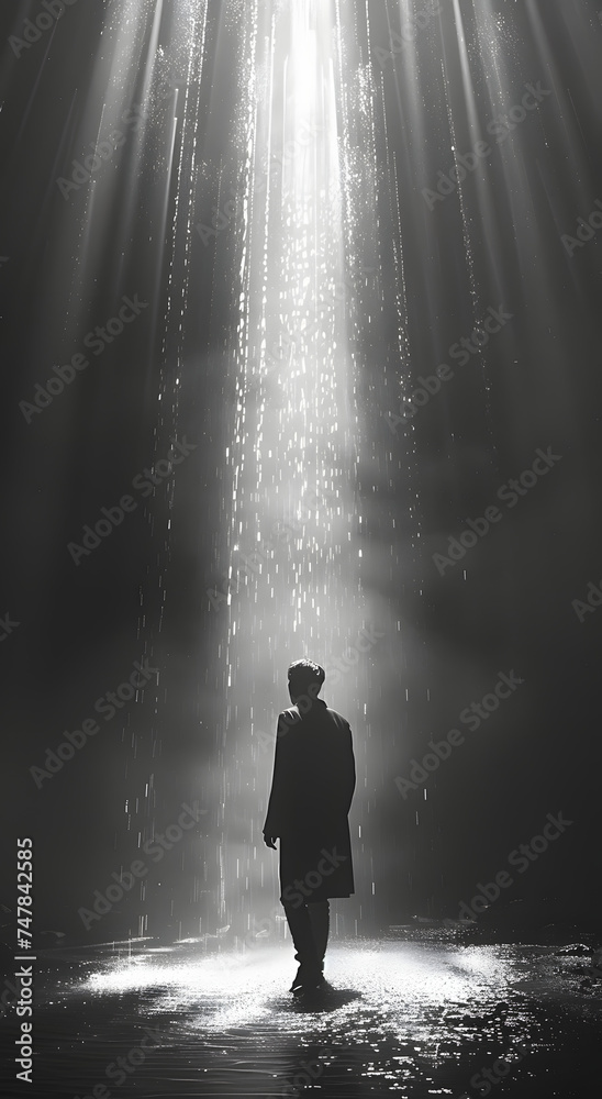 Poster a man walking through the darkness lightened