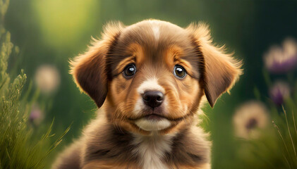 Cute puppy on a dark background. Close-up portrait.