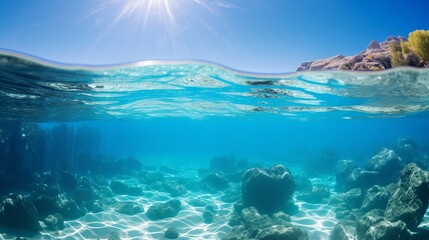 Tranquil Underwater Scene: Sunlit Sky and Calm Sea Split View, Canon RF 50mm f/1.2L USM Capture