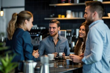 A diverse group of individuals enjoy lively conversations while sitting together at a bar, Shot of coworkers enjoying a coffee break in company kitchenette, AI Generated