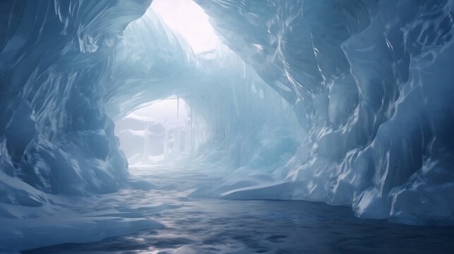 A network of  ice caves adorns the landscape, their intricate patterns and translucent walls adding a touch of mystery to the winter scene. 
