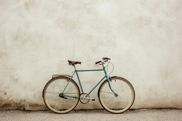 A blue bicycle leans against a clean white wall, creating a simple and minimalist urban scene, Side view of a bicycle against a minimal background, AI Generated