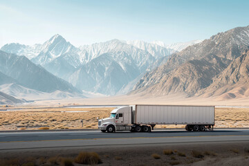 Long haul truck on desert road with mountain backdrop. Logistics and transport.