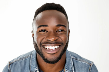 Obraz premium Confident young man smiling in casual denim shirt. Positive human emotions.