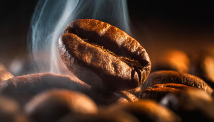 roasted coffee beans with smoke on a dark background close-up