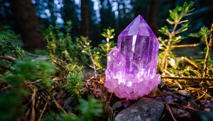 Magic crystal in the forest. Beautiful purple amethyst in the forest at night.