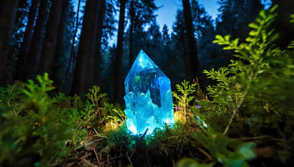 Blue crystal in the forest. Fantasy concept. 3D Rendering