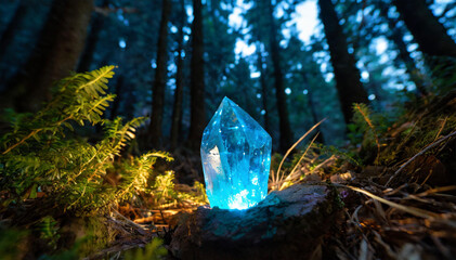 Blue crystal in the forest at night. Crystal object in the forest.