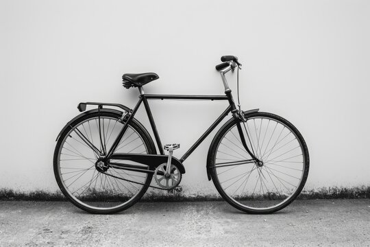 A monochrome image showcasing a bicycle resting against a wall, capturing the simple beauty of everyday life, Side view of a bicycle against a minimal background, AI Generated