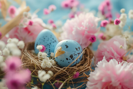 Easter card with painted Easter eggs in nest on wooden table with blossom flowers. free space