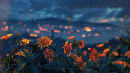 Flowers on night city background. Beautiful bouquet. Bokeh effect. Nature background.