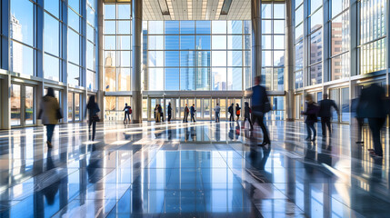 Fototapeta premium a sleek, modern office lobby, where reflections and rhythms of daily business life converge. The scene emphasizes the lobby's reflective marble floors and towering glass walls