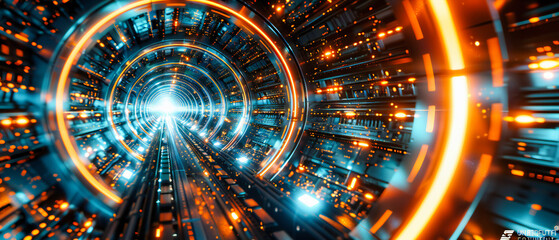Futuristic Technology Tunnel, Abstract Light Design in Sci-Fi Space, Modern Digital and Science Concept