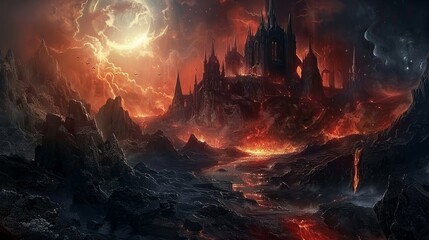 An imposing gothic castle stands surrounded by a molten lava landscape under a stormy sky with an ominous moon, creating a dramatic and menacing scene.