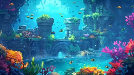 An animated underwater landscape, brimming with life, featuring stylized stone ruins, an array of bright coral formations, and playful tropical fish.