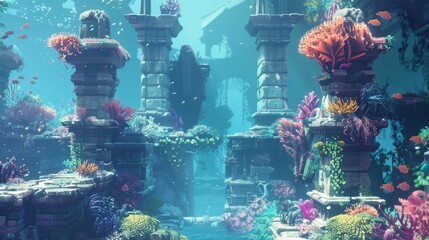 A lush underwater scene with vividly colored coral reefs thriving among ancient, algae-covered...