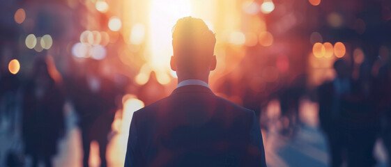 Silhouette of a businessman against the city's pulse at sunset. - obrazy, fototapety, plakaty