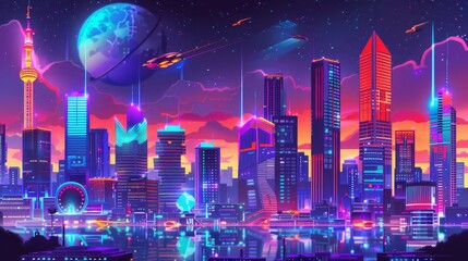 Vibrant neon-lit futuristic city with advanced skyscrapers and flying spaceships against a starry sky backdrop.